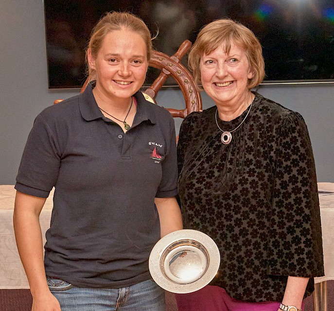 Swan Skipper Maggie Adamson receiving her 2022 International Sail Trainer of the Year Award from Shetland Tall Ships Director Sandra Laurenson. Image: Chris Brown