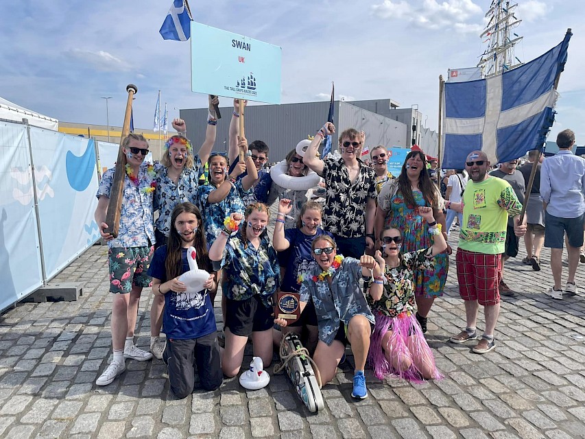 Swan crew and trainees with their award for best in crew parade at the Tall Ships Races