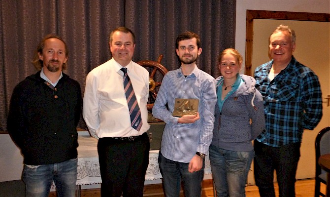 Swan Sail Trainee of the Year, Drew Manson, with Award Presenter Aubrey Jamieson, Swan Trust Opearations Committee Chair, Tommy Allan, and Swan Crew: Thorben Reinhardt (Skipper) and Maggie Adamson (Mate)