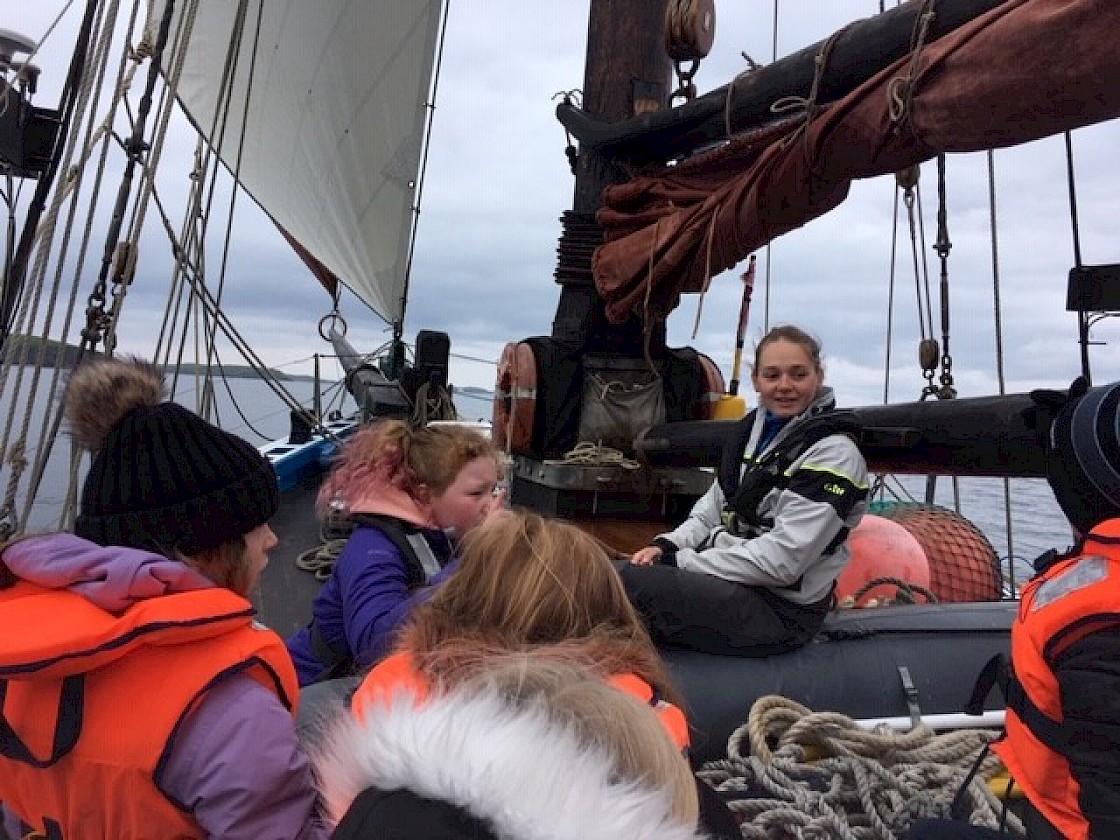 Whiteness School half day sail - Swan Mate, Maggie Adamson, tells pupils about life on board