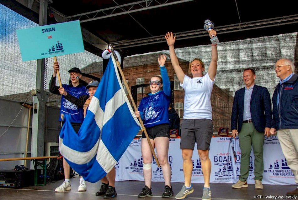 Swan Skipper, Maggie Adamson, and Trainees collecting their trophy for coming 3rd in Class in the 2022 Tall Ships Race 1 from Esbjerg to Harlingen