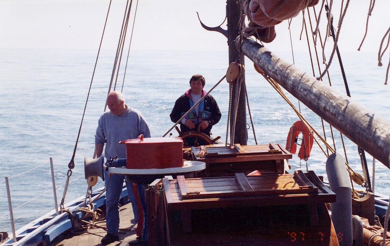 Joseph Kay and Allister Rendall onboard Swan during a trip Joseph skippered in 1997, where they visited Fair Isle, Foula, Vee Skerries, Sandvoe, Collafirth and Skerries.