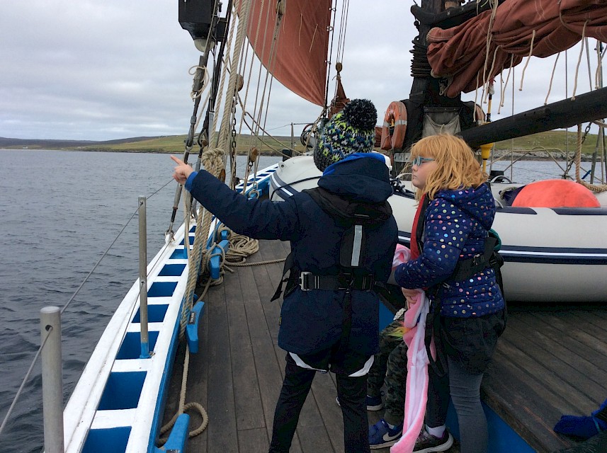 Burravoe School pupils enjoying seeing their community from the sea