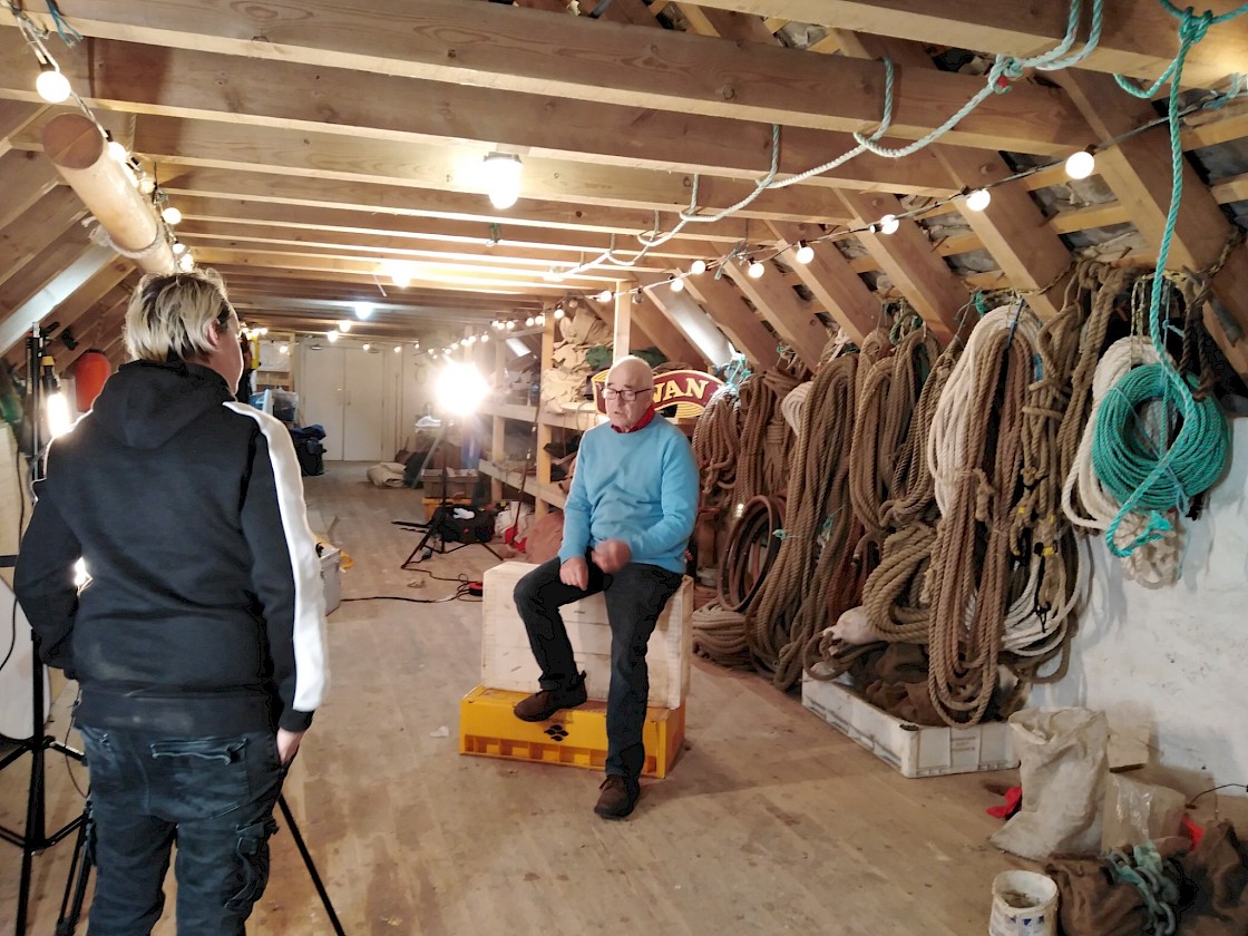 Swan Trust Trustee Brian Wishart during filming with Keiba Clubb in the Swan Trust Sail Loft