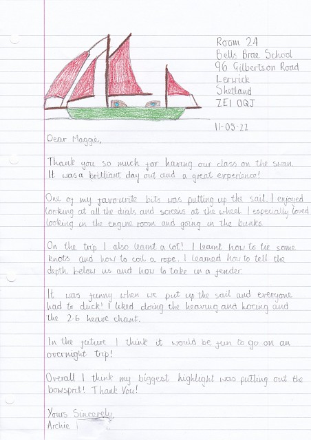 Thank you letter from Bells Brae Primary 7 pupil Archie