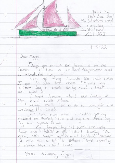 Thank you letter from Bells Brae Primary 7 pupil Freyja