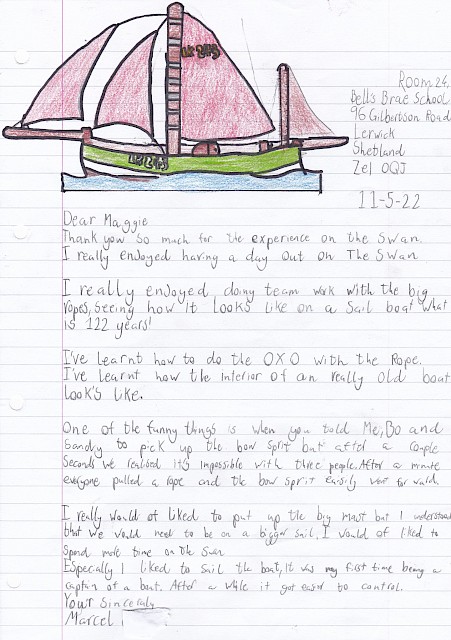 Thank you letter from Bells Brae Primary 7 pupil Marcel