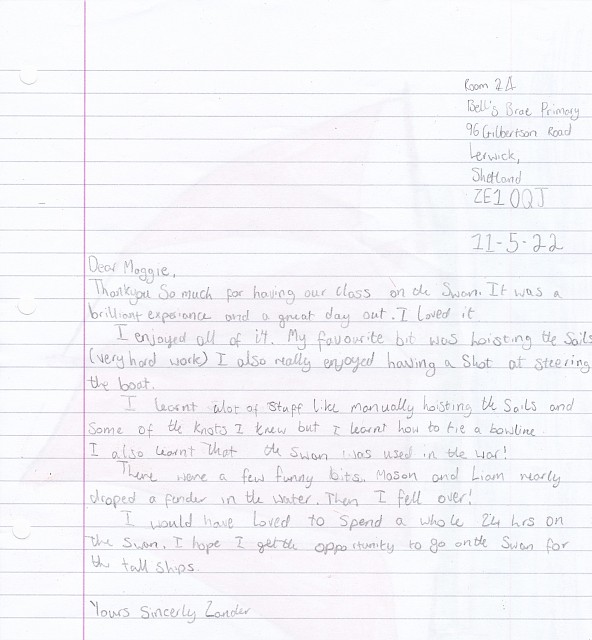 Thank you letter from Bells Brae Primary 7 pupil Zander