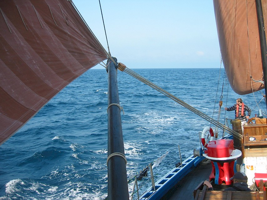 View down Swan deck towards the helm