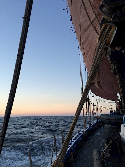 Looking up the Swan deck with the sails up