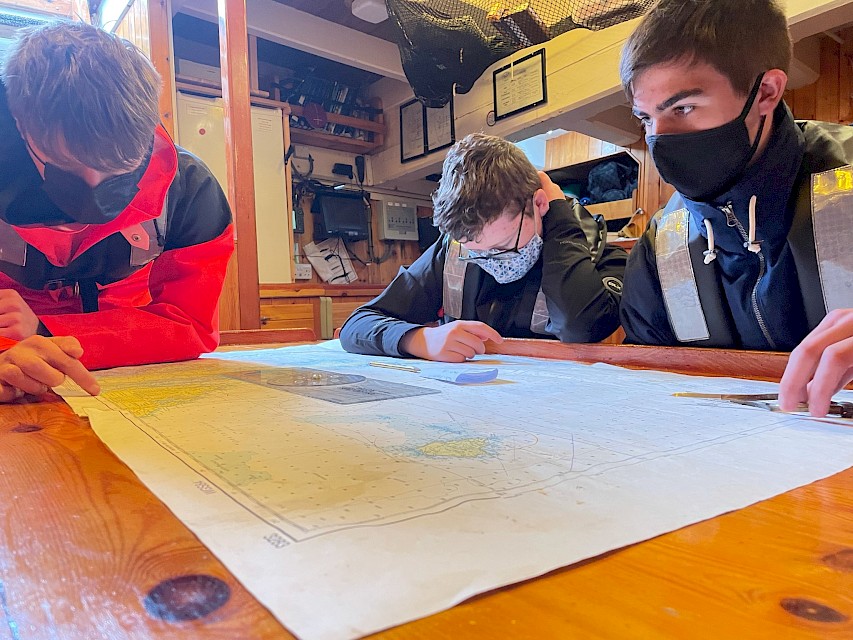 Sail Training Shetland Youth Trainees working with navigational charts below deck